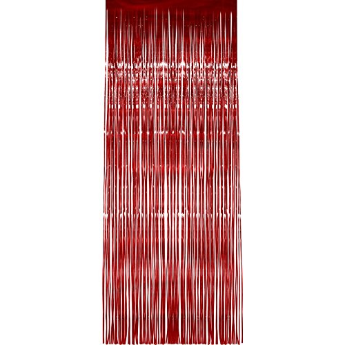 Red shimmer curtain with long, thin strips hanging vertically against a white background.