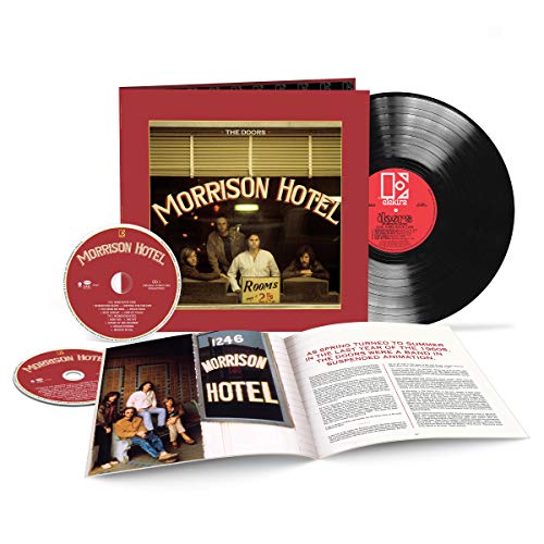 The Doors' album cover for Morrison Hotel, featuring the band members at a hotel desk.