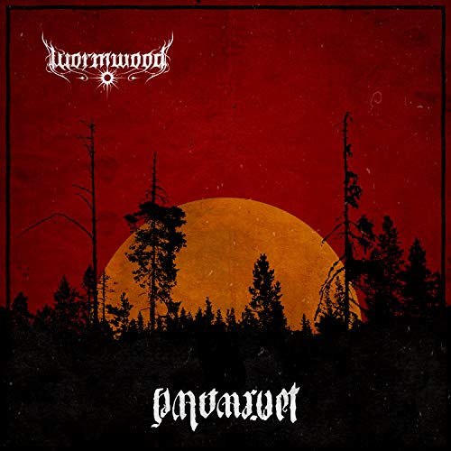 Red album cover with orange moon, silhouetted trees, and white gothic text "Wormwood - Nattarvet".