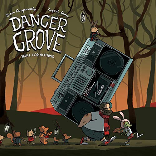 "Album cover with cartoon characters and a large boombox in a forest."