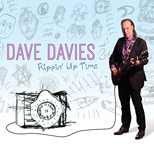 "Album cover: man in suit holding guitar, abstract clock drawing, light blue background."