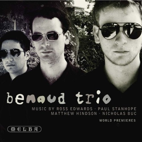"CD cover featuring three men wearing sunglasses, with text 'Benaud Trio' and composer names."