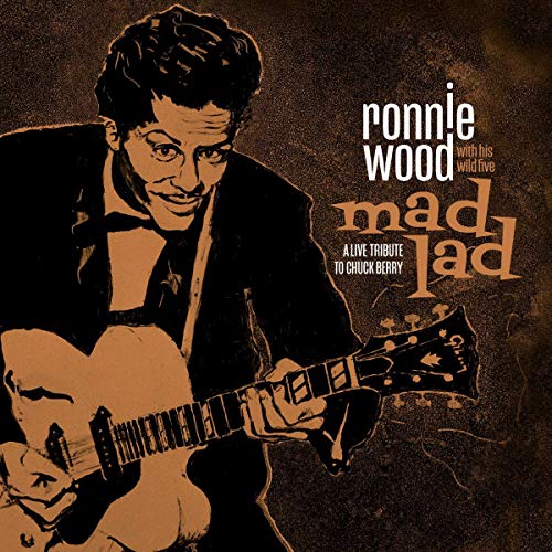 Ronnie Wood playing a red electric guitar, album cover art.