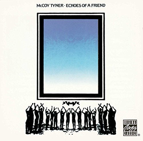 "Album cover with blue gradient rectangle and silhouetted figures below, on a beige background."