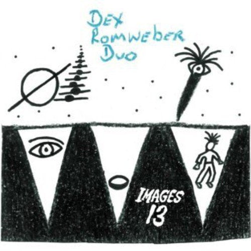 "Album cover with abstract black and white drawings and blue handwritten text."