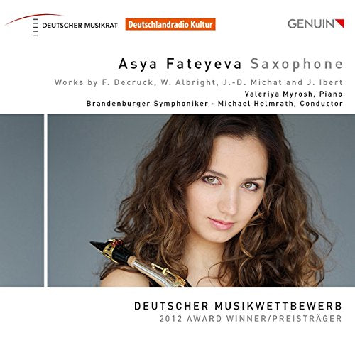 CD cover featuring a woman holding a saxophone against a grey background.