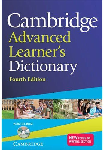"Blue book cover with 'Cambridge Advanced Learner's Dictionary' text and students in a college setting."