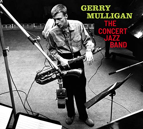 "Album cover featuring a man playing a baritone saxophone on stage with microphones."