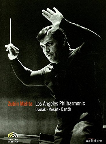 Black and white image of conductor Zubin Mehta holding a baton, with text overlay.