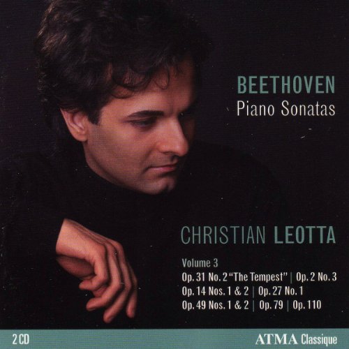"CD cover featuring a man in a black turtleneck, with text listing Beethoven piano sonatas."