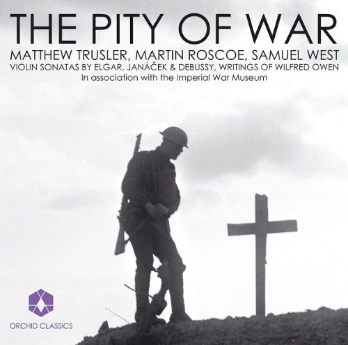 Soldier standing beside a cross on a hill, monochrome CD cover art.