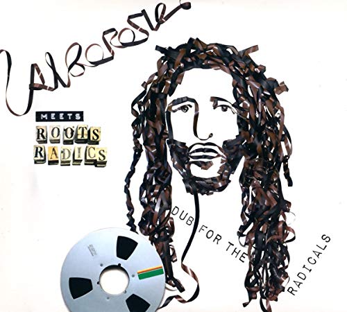 The image depicts a CD cover featuring a drawing of a man with long, curly hair and a beard. The man is shown from the shoulders up, facing forward. The text "Alborosie Meets Roots Roots Radics Radicals" is written in various fonts around the image. The background is white, and the overall design suggests a music album cover. A concise alt text for this image could be: "Album cover featuring a man with long hair and the title 'Alboros