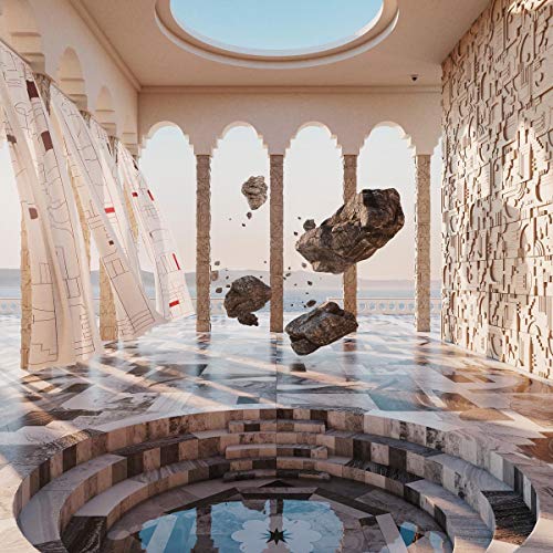 The alt text for the image is: "CD case with abstract, surreal artwork featuring rocks and arches."