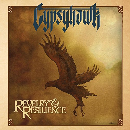 "Album cover with a dark hawk in flight against a cloudy, gold background."