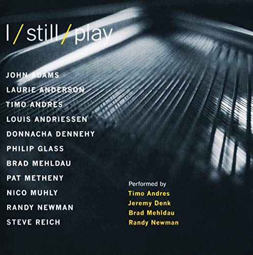 "CD cover with piano strings and list of names, dark background, white and yellow text."