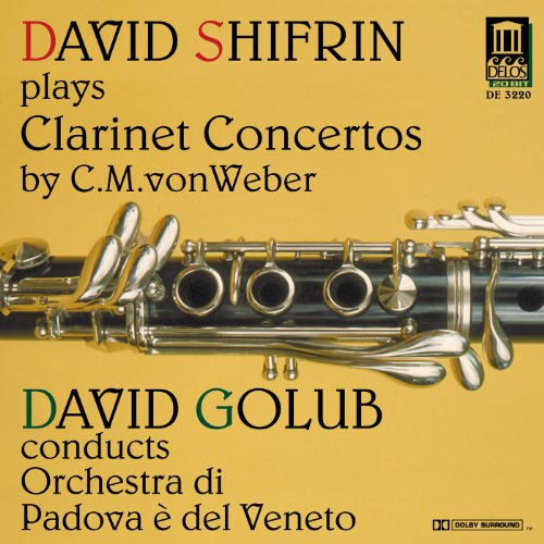 A yellow CD cover featuring a shiny clarinet and text describing the music content.