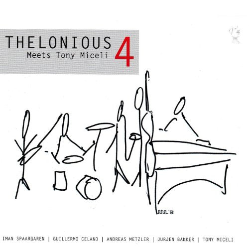 "Album cover with abstract line drawing of a jazz band on a white background."