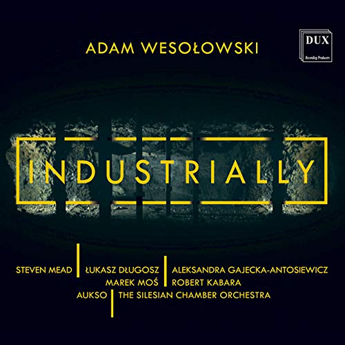 "CD cover with 'industrially' in yellow text on a dark background with performer names."