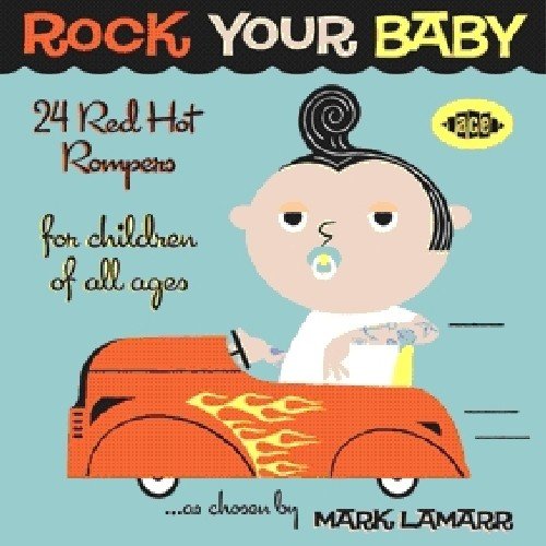 "CD cover art featuring a cartoon baby driving a red car, blue background."