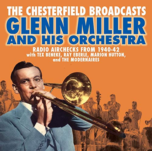 Glenn Miller holding a trombone, with orchestra members in the background, on an orange CD cover.