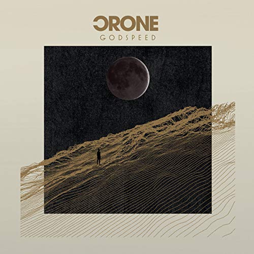 "Album cover art: person on a hill under a full moon, beige and black tones."