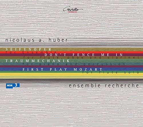 A CD cover featuring horizontal, multicolored stripes on a gray, textured background.