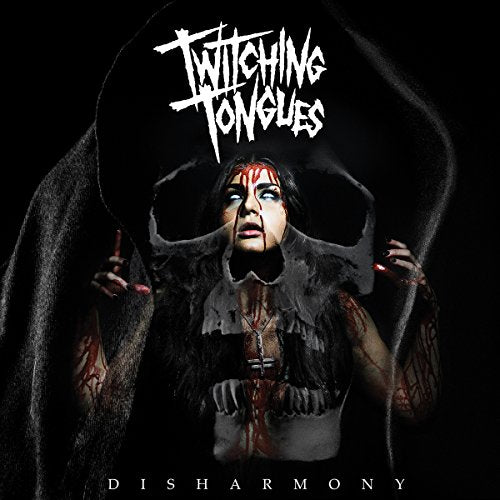 "Album cover with a woman in a dark hooded cloak, covered in blood."
