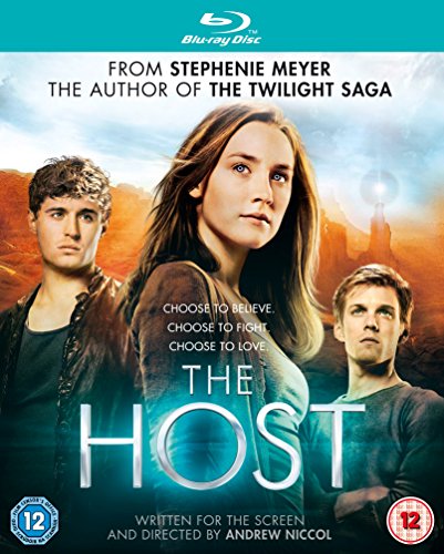 "Blu-ray cover for 'The Host' featuring three actors against a desert landscape."