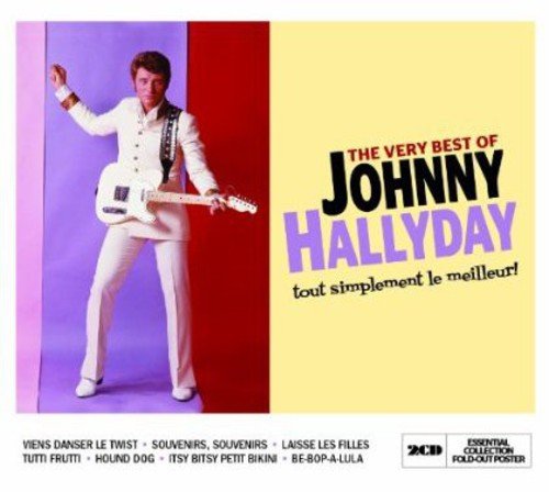 Johnny Hallyday album cover with man in white suit holding a guitar.