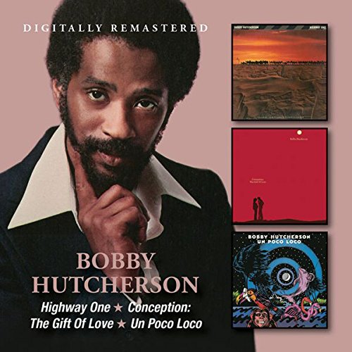 Bobby Hutcherson CD cover with three album covers on a pink background.