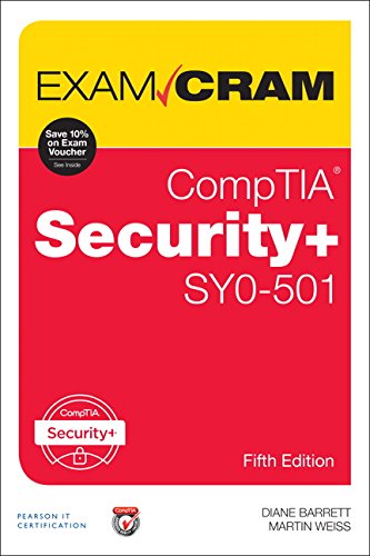 "Book cover with red, yellow, and white sections, titled 'CompTIA Security+ SY0-501 Exam Cram'."