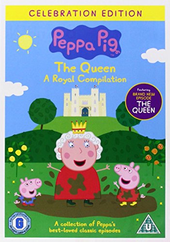 DVD cover featuring Peppa Pig and her family meeting the Queen in a garden.
