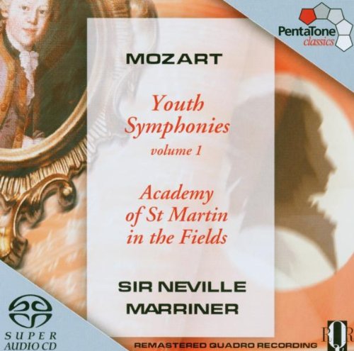 Mozart's Youth Symphonies CD cover featuring a portrait of Mozart and a silhouette.
