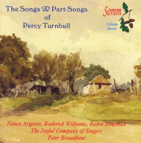"Album cover with watercolor landscape, trees, and cottage, featuring artist and song information."
