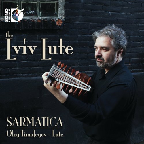 Man holding a lute stands against a dark brick wall, album cover artwork.