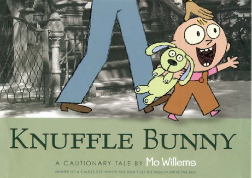"Cartoon child holding a stuffed bunny, walking beside an adult's legs, on a book cover."