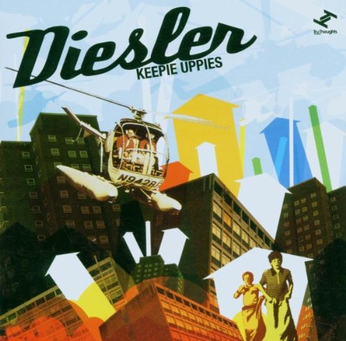 "Album cover with 'Diesler' in black script, helicopter, and cityscape in multicolored tones."