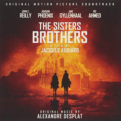 "The Sisters Brothers soundtrack CD cover featuring two men on horseback before a burning building."