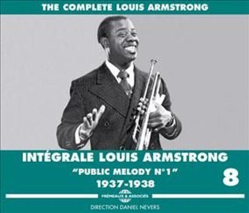 "Black and white photo of Louis Armstrong holding a trumpet, on a green album cover."
