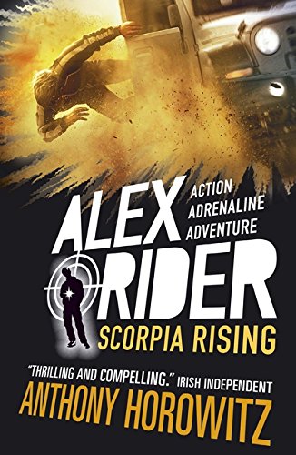 "Book cover of 'Scorpia Rising' by Anthony Horowitz, showing a boy falling from a vehicle."