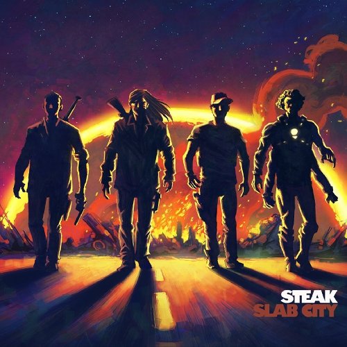"Album cover art: Four silhouetted men walking towards the viewer, fiery landscape behind them."