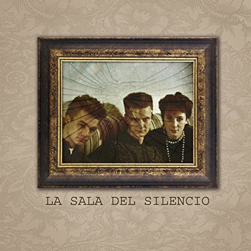 A framed image of three men, with distorted, multiple faces, on a beige background.