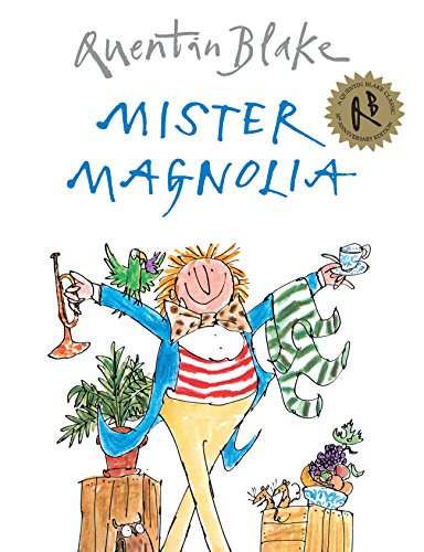 "Mister Magnolia" book cover featuring a cartoon man holding a trumpet and tea cup.
