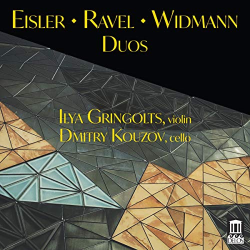 Album cover with the title "Eisler, Ravel, Widmann Duos" featuring a geometric pattern and the names of the musicians, Ilya Gringolts and Dmitry Kouzov.
