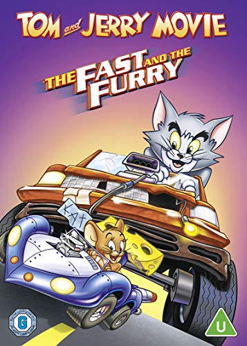 "Tom and Jerry DVD cover featuring cartoon characters racing cars against a purple background."