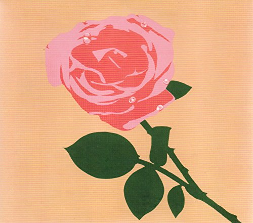 A pink rose with green leaves and rhinestones on a peach background.
