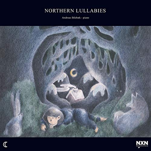 "Album cover art: child sleeps as monster reads book under crescent moon."