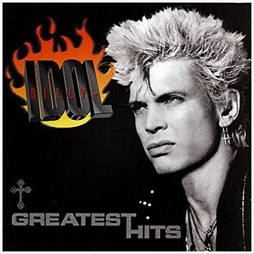 "CD cover with black-and-white photo of Billy Idol and 'Greatest Hits' text."