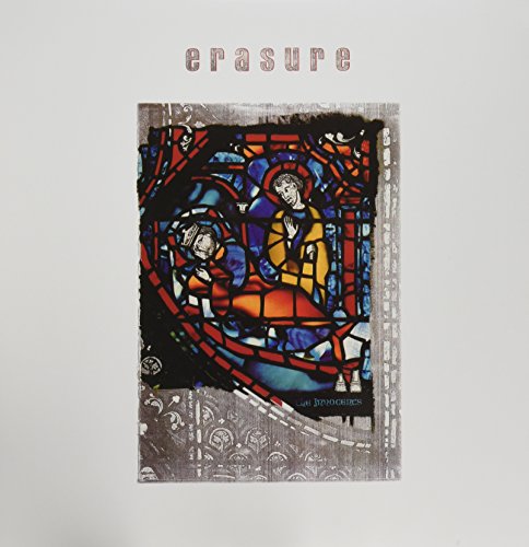 The image shows a vinyl record cover with a stained-glass design. Alt text: "Erasure album cover featuring stained-glass artwork with two figures."
