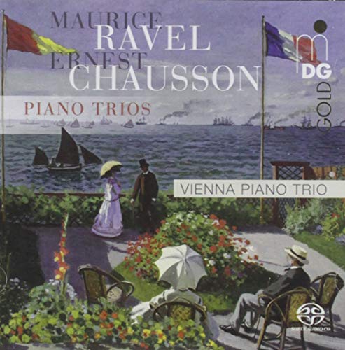 "CD cover featuring a serene garden scene with people strolling near the water."